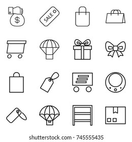 thin line icon set : money gift, sale, shopping bag, delivery, parachute, bow, label, necklace, rack, package