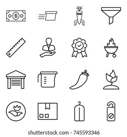 thin line icon set : money, delivery, dna modify, funnel, ruler, client, medal, bbq, garage, measuring cup, hot pepper, sprouting, ecology, package, dry wash, do not distrub