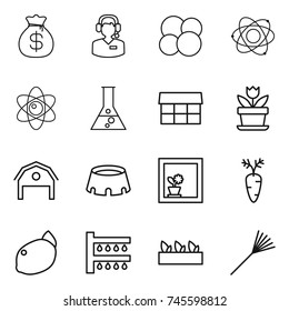 thin line icon set : money bag, call center, atom core, flask, market, flower, barn, stadium, in window, carrot, lemon, watering, seedling, rake