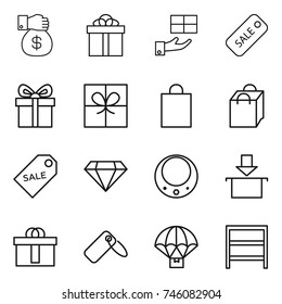 thin line icon set : money gift, sale, shopping bag, label, diamond, necklace, package, hi quality, parachute delivery, rack