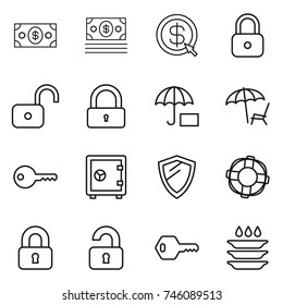 thin line icon set : money, dollar arrow, lock, unlock, insurance, lounger, key, safe, shield, lifebuoy, locked, unlocked, plate washing