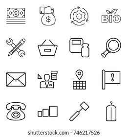 thin line icon set : money, gift, around gear, bio, pencil wrench, remove from basket, scales weight, magnifier, mail, architector, map, important flag, phone, sorting, meat hammer, dry wash