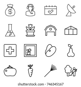 thin line icon set : money bag, call center, calendar, satellite antenna, flask, flower, barn, greenhouse, first aid, in window, beans, pear, tomato, carrot, rake, garden cleaning