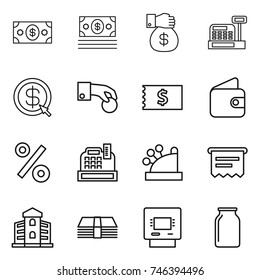 thin line icon set : money, gift, cashbox, dollar arrow, hand coin, receipt, wallet, percent, atm, building, bank
