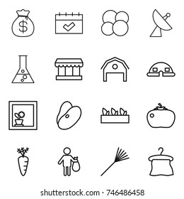 thin line icon set : money bag, calendar, atom core, satellite antenna, flask, market, barn, dome house, flower in window, beans, seedling, tomato, carrot, trash, rake, hanger