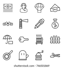 thin line icon set : money, call center, parachute, sale, drawbridge, lighthouse, pencil, chemical, insurance, key, radiator, fence, pan, cook glove, hand mill, scissors