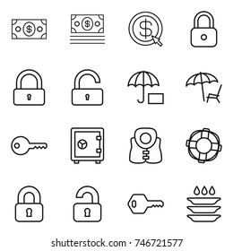 thin line icon set : money, dollar arrow, lock, unlock, insurance, lounger, key, safe, life vest, lifebuoy, locked, unlocked, plate washing