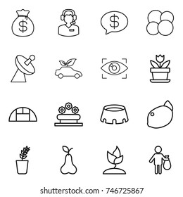 thin line icon set : money bag, call center, message, atom core, satellite antenna, eco car, eye identity, flower, greenhouse, bed, stadium, lemon, seedling, pear, sprouting, trash