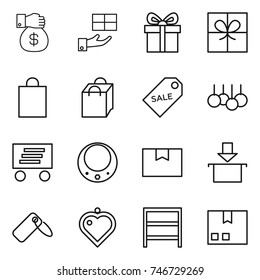 thin line icon set : money gift, shopping bag, sale label, delivery, necklace, package box, heart pendant, rack