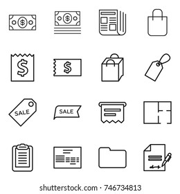 thin line icon set : money, newspaper, shopping bag, receipt, label, sale, atm, plan, clipboard, invoice, documents, inventory