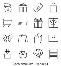 thin line icon set : money gift, sale, shopping bag, delivery, bow, package box, parachute, rack