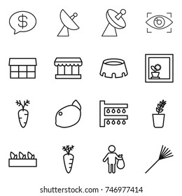 thin line icon set : money message, satellite antenna, eye identity, market, stadium, flower in window, carrot, lemon, watering, seedling, trash, rake