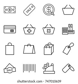 thin line icon set : money, sale, dollar arrow, basket, credit card, add to, delete cart, store, shopping bag, label, bar code, cashbox