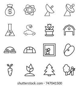thin line icon set : money bag, atom, satellite antenna, flask, electric car, flower, barn, dome house, greenhouse, in window, beans, carrot, sprouting, spruce, garden cleaning