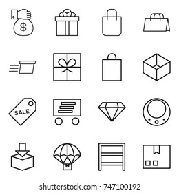 thin line icon set : money gift, shopping bag, delivery, box, sale label, diamond, necklace, package, parachute, rack