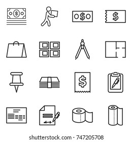 thin line icon set : money, courier, receipt, shopping bag, panel house, drawing compasses, plan, pin, tax, clipboard pen, invoice, inventory, toilet paper, towel