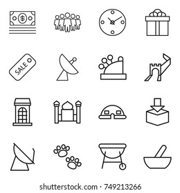thin line icon set : money, team, clock, gift, sale, satellite antenna, cashbox, greate wall, building, minaret, dome house, package, pets, bbq, mortar