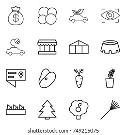 thin line icon set : money bag, atom core, eco car, eye identity, electric, market, greenhouse, stadium, location details, beans, carrot, seedling, spruce, garden, rake