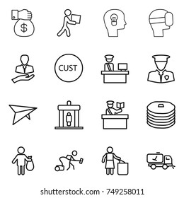 thin line icon set : money gift, courier, bulb head, virtual mask, client, customs, control, security man, deltaplane, detector, inspector, pancakes, trash, vacuum cleaner, garbage bin