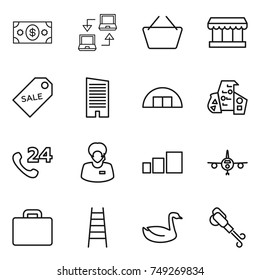 thin line icon set : money, notebook connect, basket, market, sale label, skyscraper, hangare, modern architecture, phone 24, support manager, sorting, plane, suitcase, stairs, goose, blower