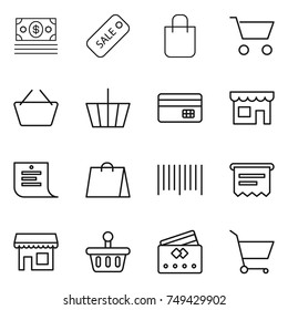 thin line icon set : money, sale, shopping bag, cart, basket, credit card, shop, list, bar code, atm receipt