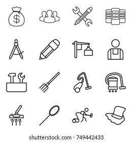 thin line icon set : money bag, group, pencil wrench, server, draw compass, loading, workman, repair tools, fork, vacuum cleaner, duster, floor washing