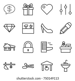 thin line icon set : money message, gift, heart, equalizer, diamond, tools, shoes, pencil, house with garage, lock, hotel, reception, plow, scissors, warehouse, water tap sink