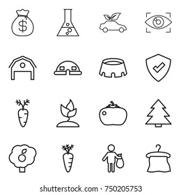 thin line icon set : money bag, flask, eco car, eye identity, barn, dome house, stadium, protected, carrot, sprouting, tomato, spruce, garden, trash, hanger