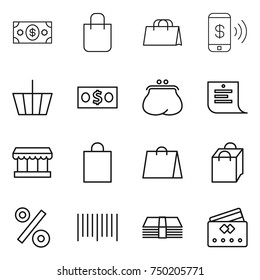 thin line icon set : money, shopping bag, phone pay, basket, purse, list, market, percent, bar code, credit card