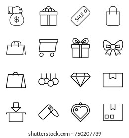 thin line icon set : money gift, sale, shopping bag, delivery, bow, diamond, package box, label, heart pendant