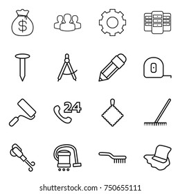 thin line icon set : money bag, group, gear, server, nail, draw compass, pencil, measuring tape, repair, phone 24, rag, rake, blower, vacuum cleaner, brush, floor washing