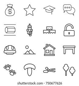 thin line icon set : money bag, star, graduate hat, discussion, nano tube, spark plug, block wall, unlock, building helmet, landscape, home, table, pets, mushroom, scissors, trees