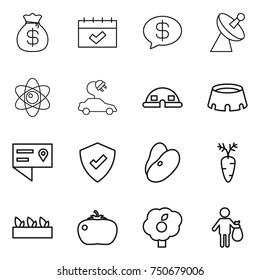 thin line icon set : money bag, calendar, message, satellite antenna, atom, electric car, dome house, stadium, location details, protected, beans, carrot, seedling, tomato, garden, trash