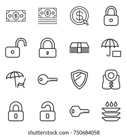 thin line icon set : money, dollar arrow, lock, unlock, insurance, lounger, key, shield, life vest, locked, unlocked, plate washing