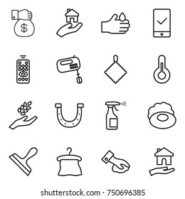 thin line icon set : money gift, real estate, acid, mobile checking, remote control, mixer, rag, thermometer, harvest, horseshoe, sprayer, soap, scraper, hanger, wiping, housing