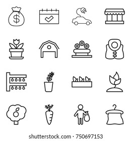 thin line icon set : money bag, calendar, electric car, market, flower, barn, bed, life vest, watering, seedling, sprouting, garden, carrot, trash, hanger