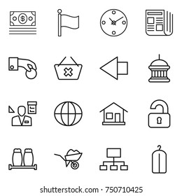 thin line icon set : money, flag, clock, newspaper, hand coin, delete cart, left arrow, goverment house, architector, globe, home, unlocked, salt pepper, wheelbarrow, hierarchy, dry wash