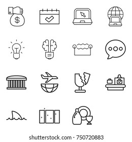 thin line icon set : money gift, calendar, notebook, globe, bulb, brain, electrostatic, balloon, airport building, plane shipping, broken, baggage checking, shark flipper, clean window