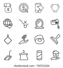 thin line icon set : money gift, dollar arrow, touch, hex molecule, delivery, do not trolley sign, mirror, mixer, rag, harvest, soap, scraper, scoop, hanger, cleanser powder, housing