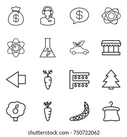 thin line icon set : money bag, call center, message, atom, flask, eco car, market, left arrow, carrot, watering, spruce, garden, peas, hanger