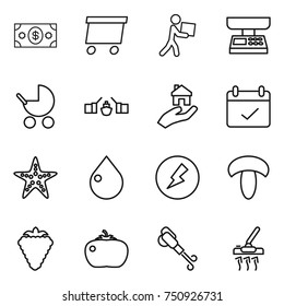 thin line icon set : money, delivery, courier, market scales, baby stroller, drawbridge, real estate, terms, starfish, drop, electricity, mushroom, berry, tomato, blower, vacuum cleaner