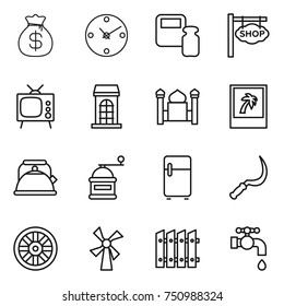 thin line icon set : money bag, clock, scales weight, shop signboard, tv, building, minaret, photo, kettle, hand mill, fridge, sickle, wheel, windmill, fence, water tap
