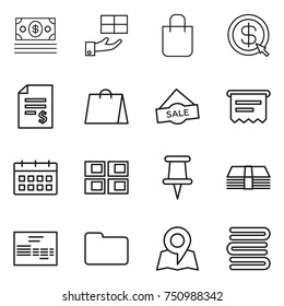 thin line icon set : money, gift, shopping bag, dollar arrow, account balance, sale, atm receipt, calendar, panel house, pin, invoice, documents, map, towels