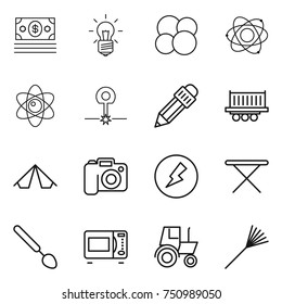 thin line icon set : money, bulb, atom core, laser, pencil, truck shipping, tent, camera, electricity, iron board, big spoon, microwave oven, tractor, rake