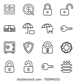 thin line icon set : money, dollar arrow, lock, unlock, insurance, lounger, key, safe, shield, life vest, lifebuoy, locked, unlocked, plate washing