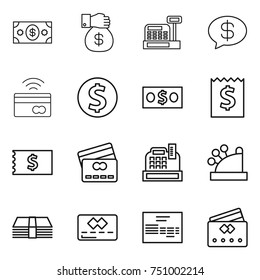thin line icon set : money, gift, cashbox, message, tap to pay, dollar coin, receipt, credit card, invoice