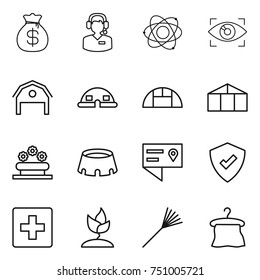 thin line icon set : money bag, call center, atom, eye identity, barn, dome house, greenhouse, flower bed, stadium, location details, protected, first aid, sprouting, rake, hanger