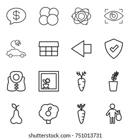 thin line icon set : money message, atom core, eye identity, electric car, market, left arrow, protected, life vest, flower in window, carrot, seedling, pear, garden, trash