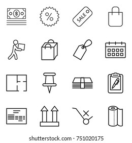 thin line icon set : money, percent, sale, shopping bag, courier, label, calendar, plan, pin, clipboard pen, invoice, cargo top sign, do not trolley, paper towel