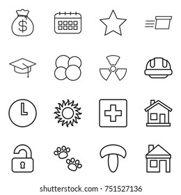thin line icon set : money bag, calendar, star, delivery, graduate hat, atom core, nuclear, building helmet, clock, sun, first aid, home, unlocked, pets, mushroom, house